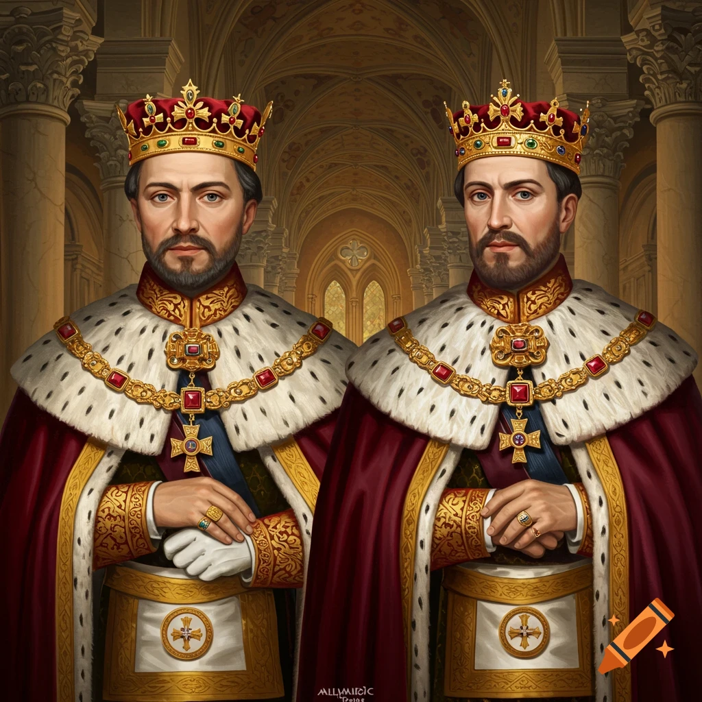 Painting of two European kings in royal regalia standing in a grand hall.