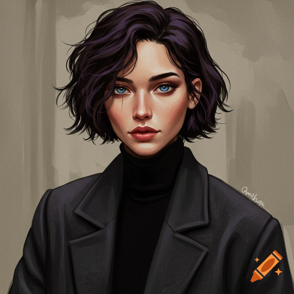 Stylized illustration of a woman with short dark hair and blue eyes