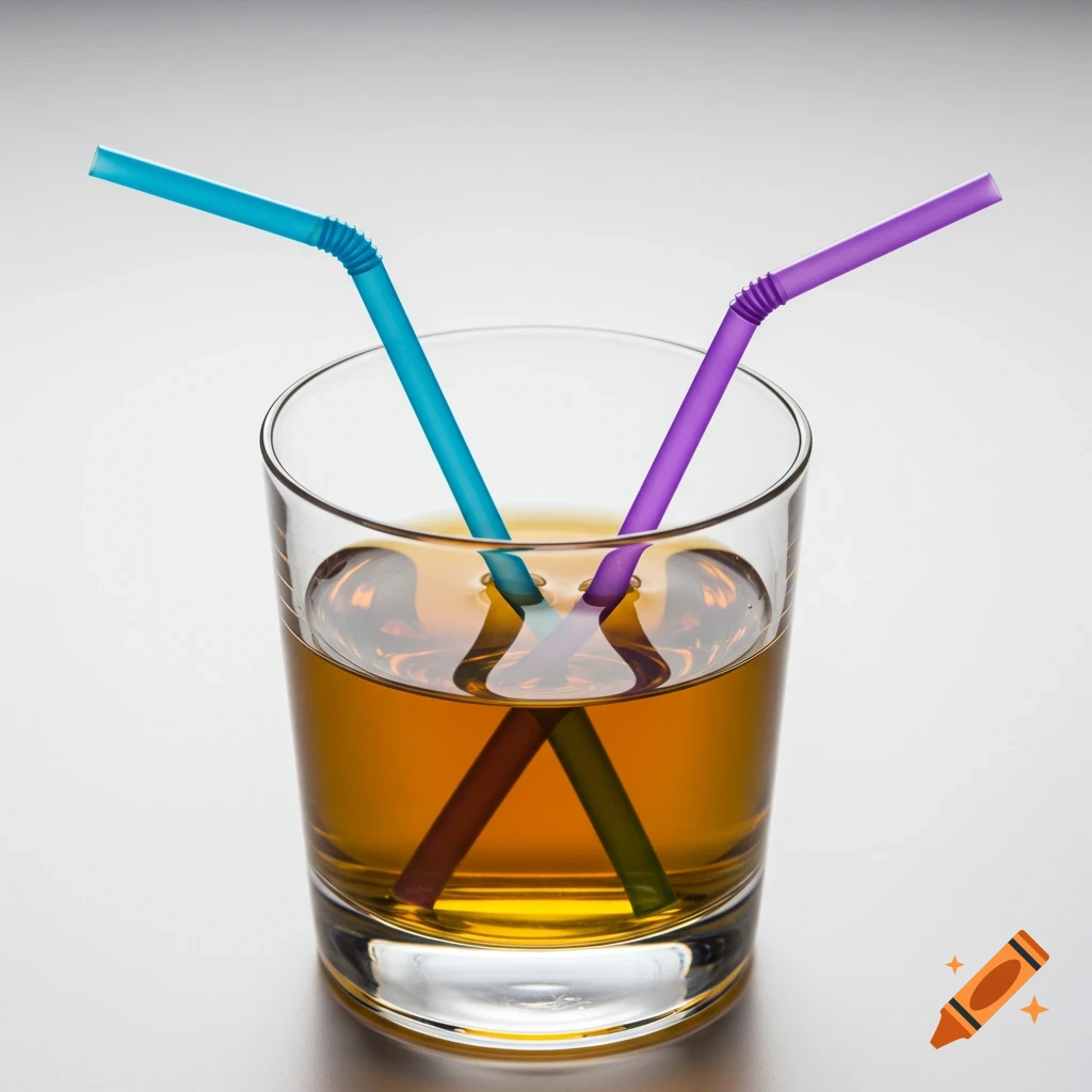 Glass with liquid and two colorful drinking straws.