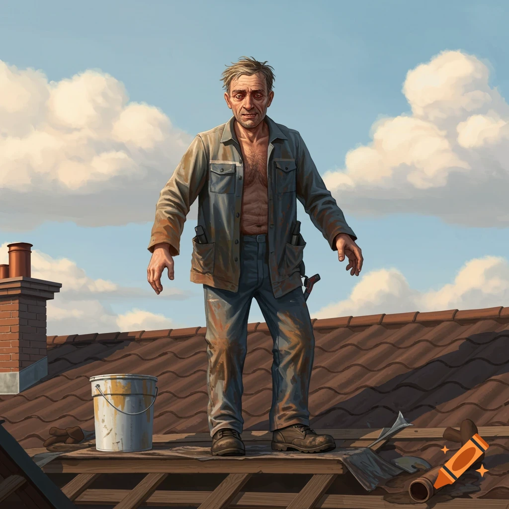 Illustration of a disheveled roofer standing on a tiled roof under a cloudy sky.