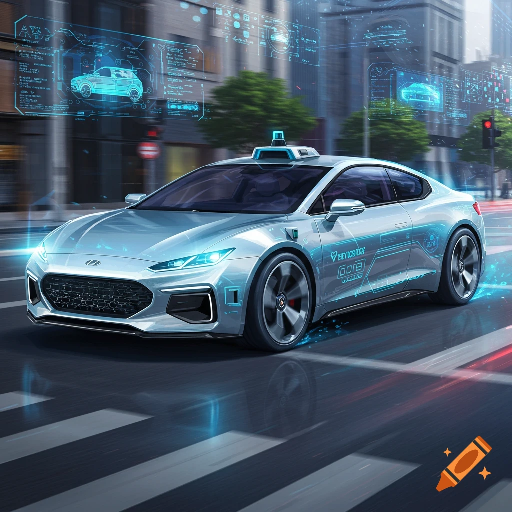 A futuristic silver car with glowing blue accents and holographic displays drives on a city street.