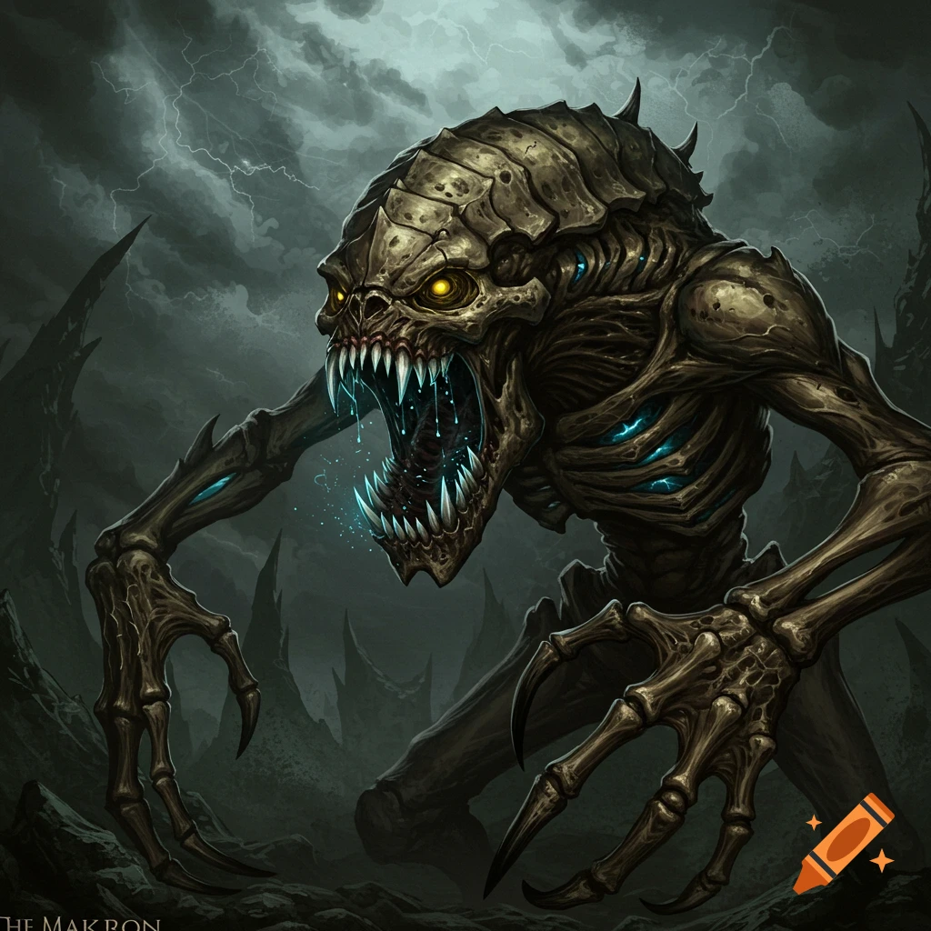 A skeletal creature with sharp teeth and glowing eyes stands in a dark, stormy landscape.