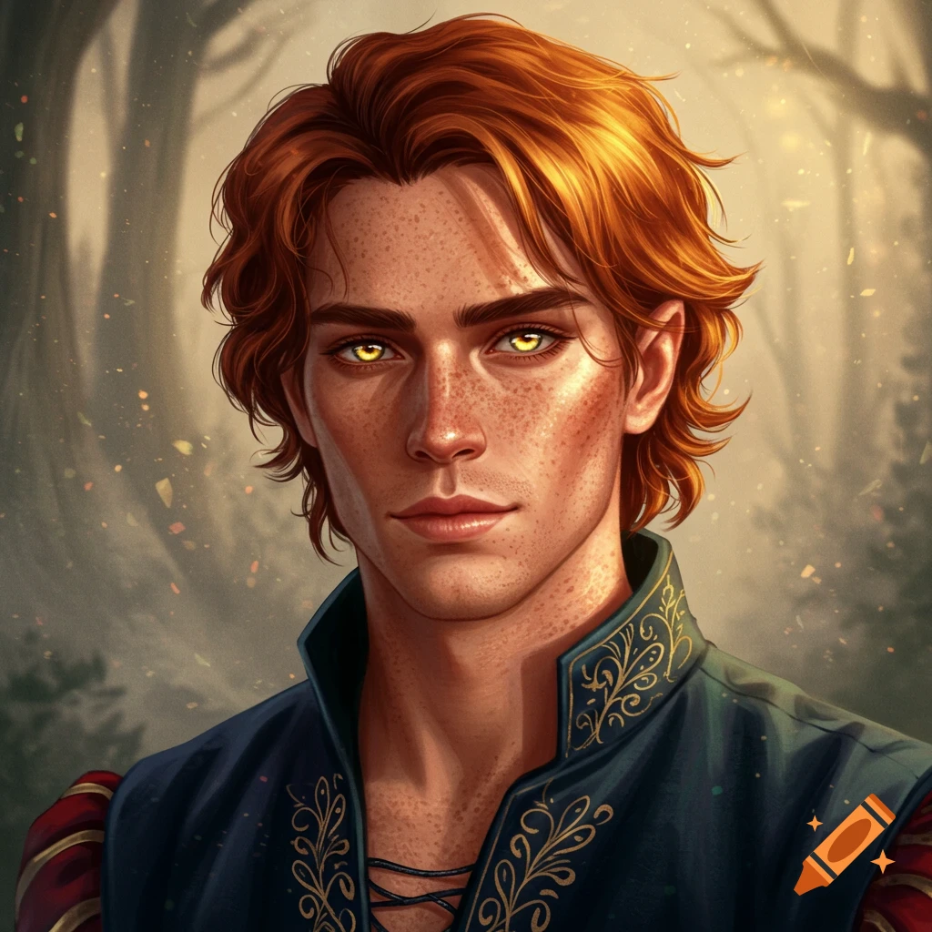 Portrait of a young man with auburn hair, freckles, and golden eyes in fantasy attire.