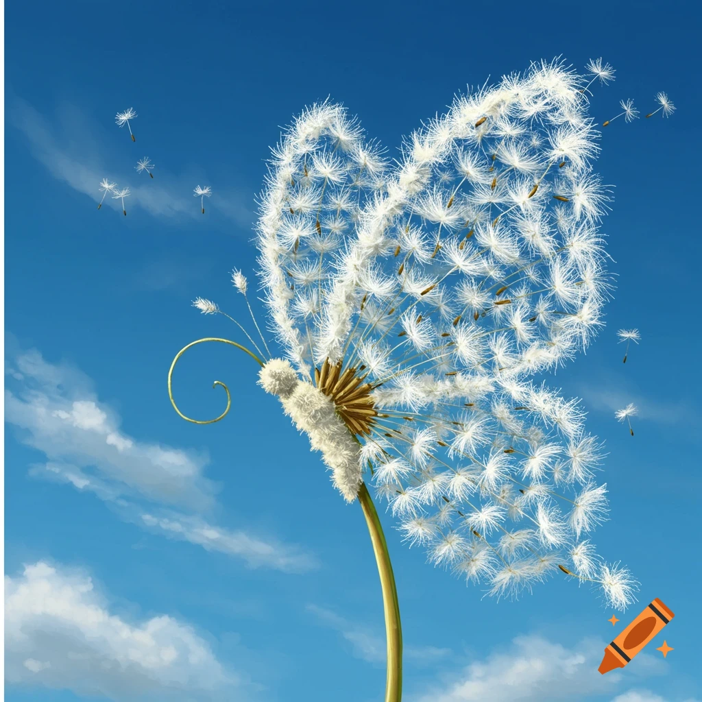A stylized butterfly formed from white dandelion fluff against a blue sky with clouds.