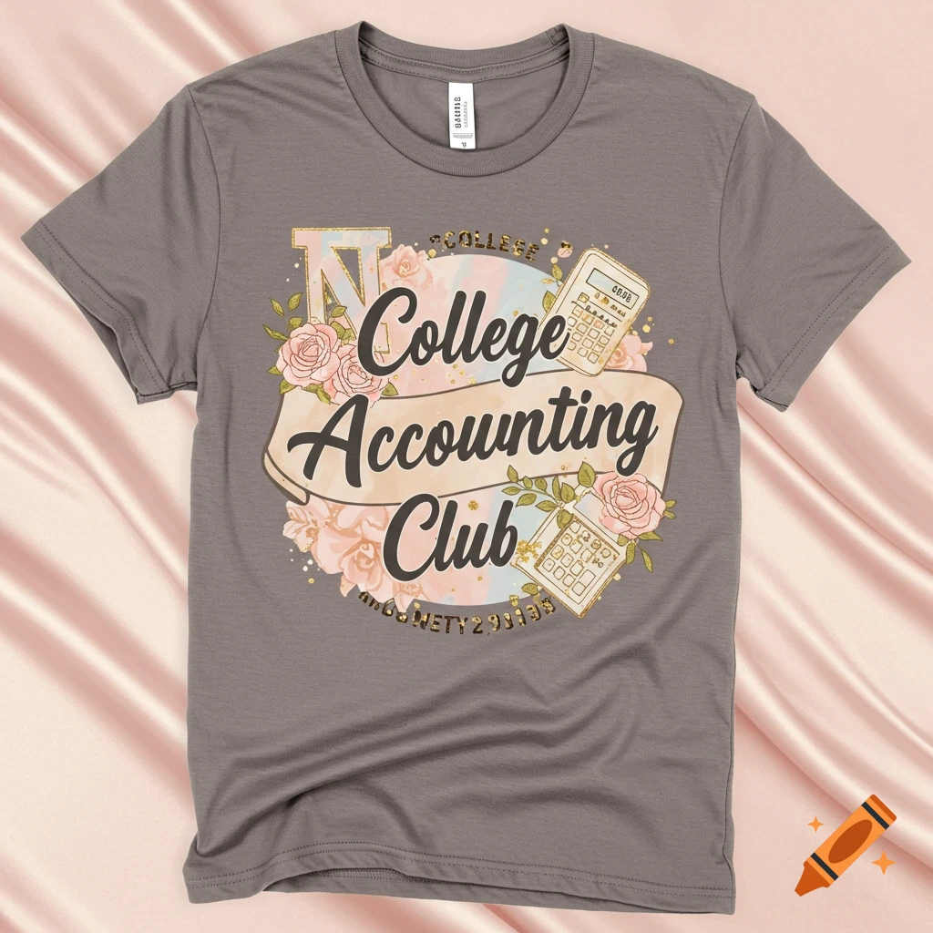 Grey t-shirt with a design featuring the text College Accounting Club, an N, flowers, and calculators in a sorority style.