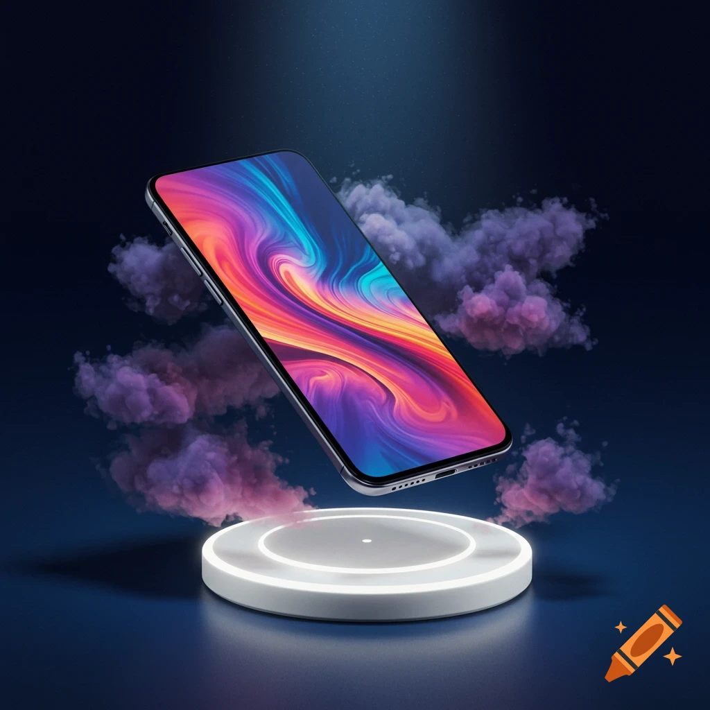 Levitating smartphone with colorful abstract wallpaper floating above a glowing white charging pad surrounded by purple smoke.