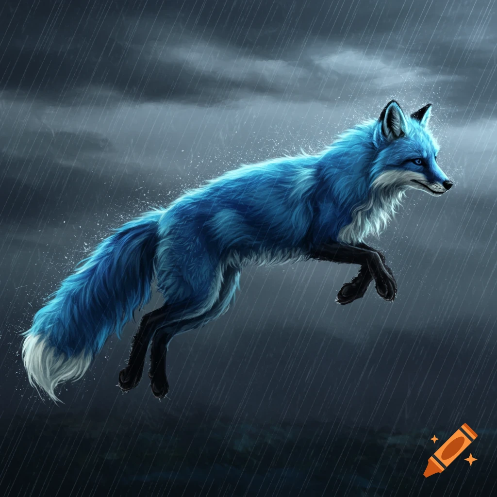 A blue fox leaps through rain drops against a dark background. Digital art.