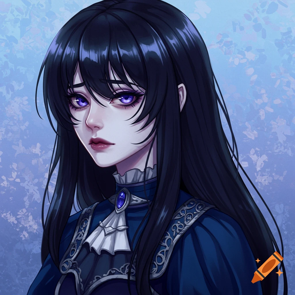 Anime portrait of a young woman with long black hair and purple eyes wearing a blue dress.