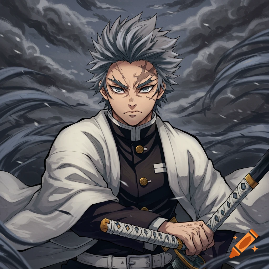 Anime portrait of Sanemi Shinazugawa from Demon Slayer, holding katanas in a stormy setting.