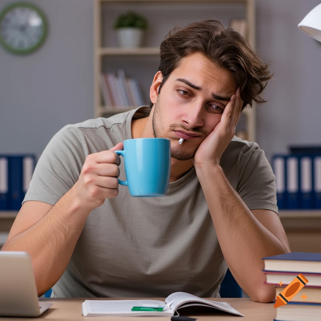 Tired young man with coffee and nicotine pouch at a desk with books.