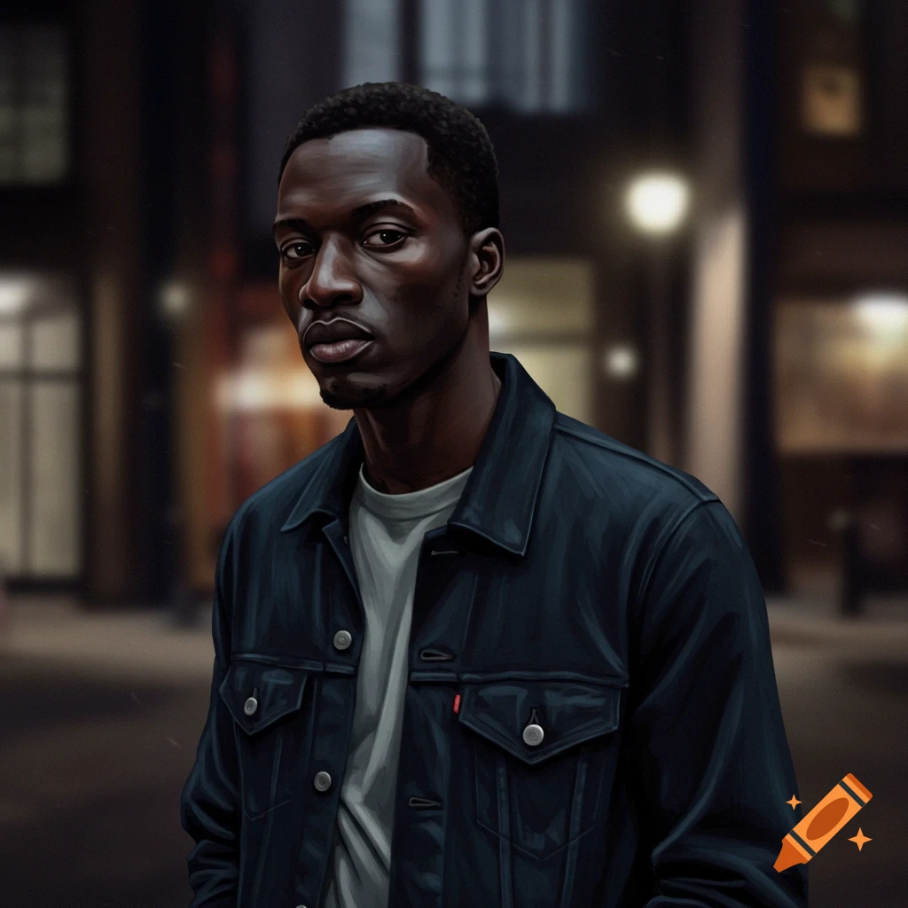Close-up portrait of a man in a denim jacket standing in an urban setting at night, stylized.