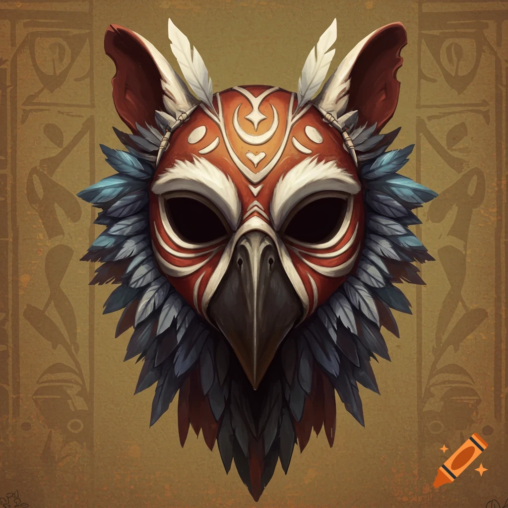 A red and white mask with bird features and feathers against a patterned background.