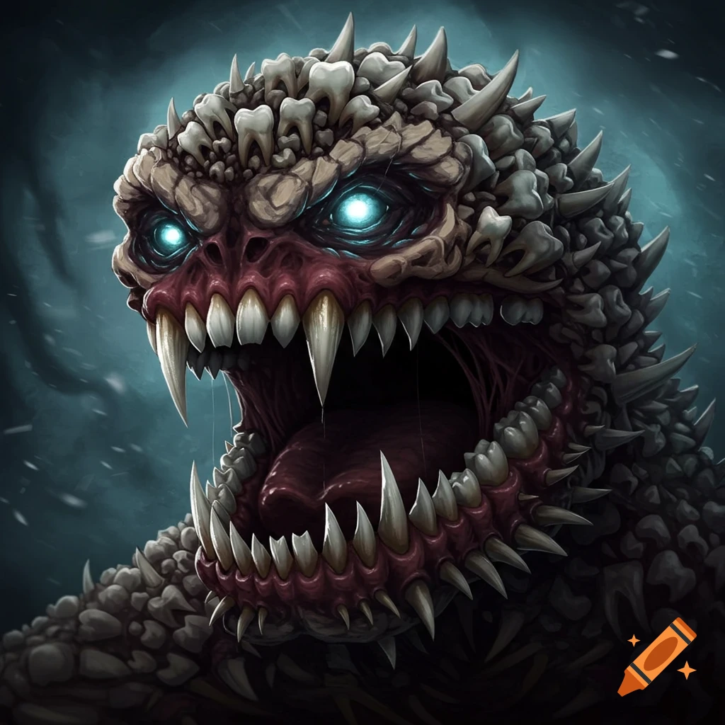 Close-up portrait of a monstrous creature with glowing blue eyes and a head made of teeth and bone, showing a mouth full of sharp teeth in a dark, stylized illustration.