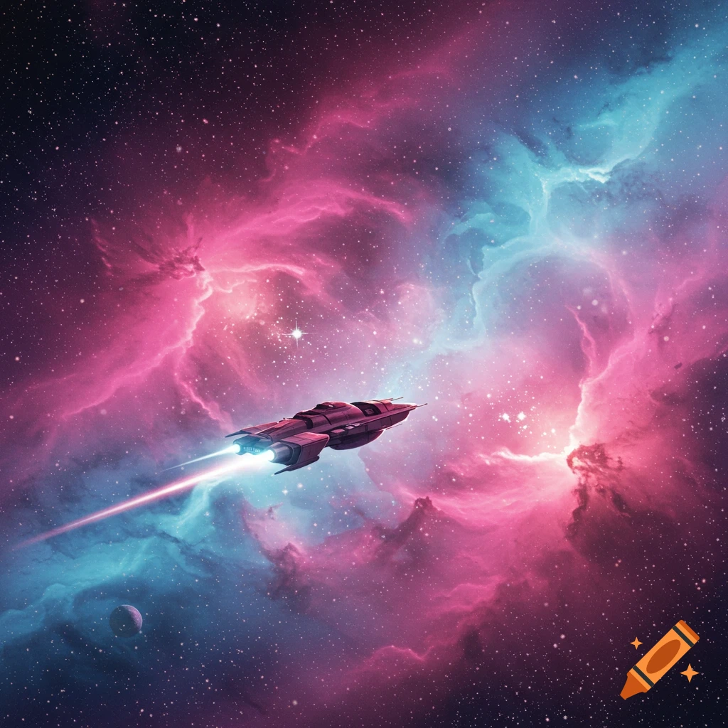 A spaceship flies through a colorful pink and blue nebula in space with stars and a planet.
