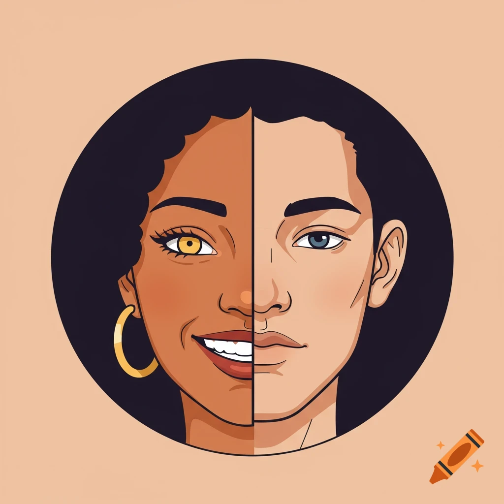 Illustration of a face split vertically, showing one side dark skin with a yellow eye and smile, the other light skin with a blue eye and neutral expression, in a circle.