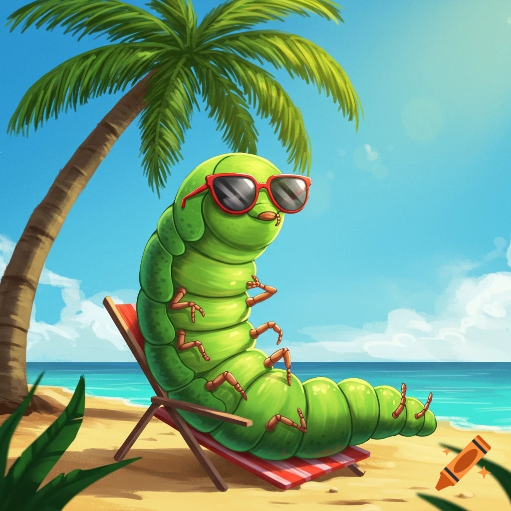 Cartoon caterpillar in sunglasses sitting in a beach chair under a palm tree.