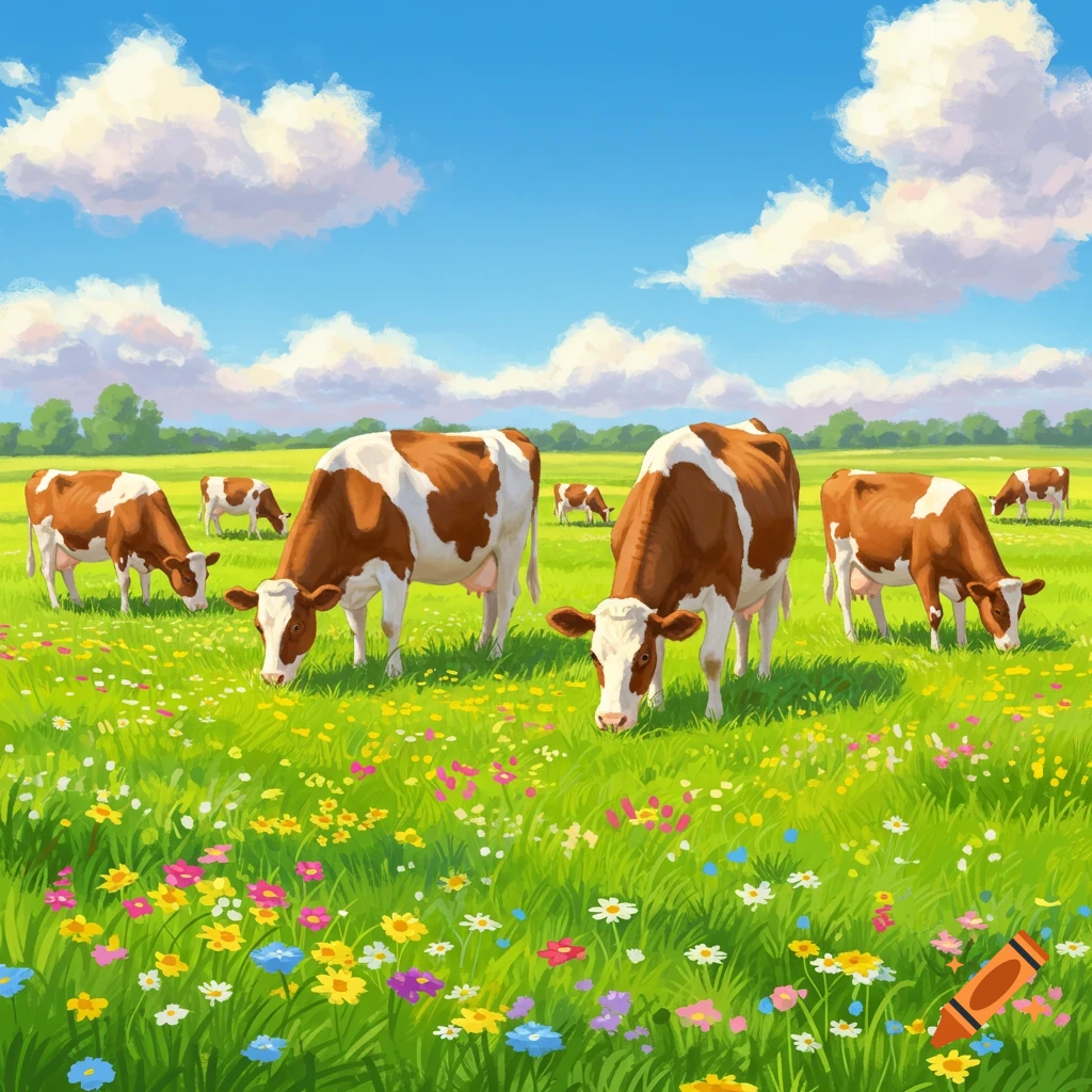 Brown and white cows graze in a sunny green field filled with colorful flowers under a blue sky with clouds, illustrative style.