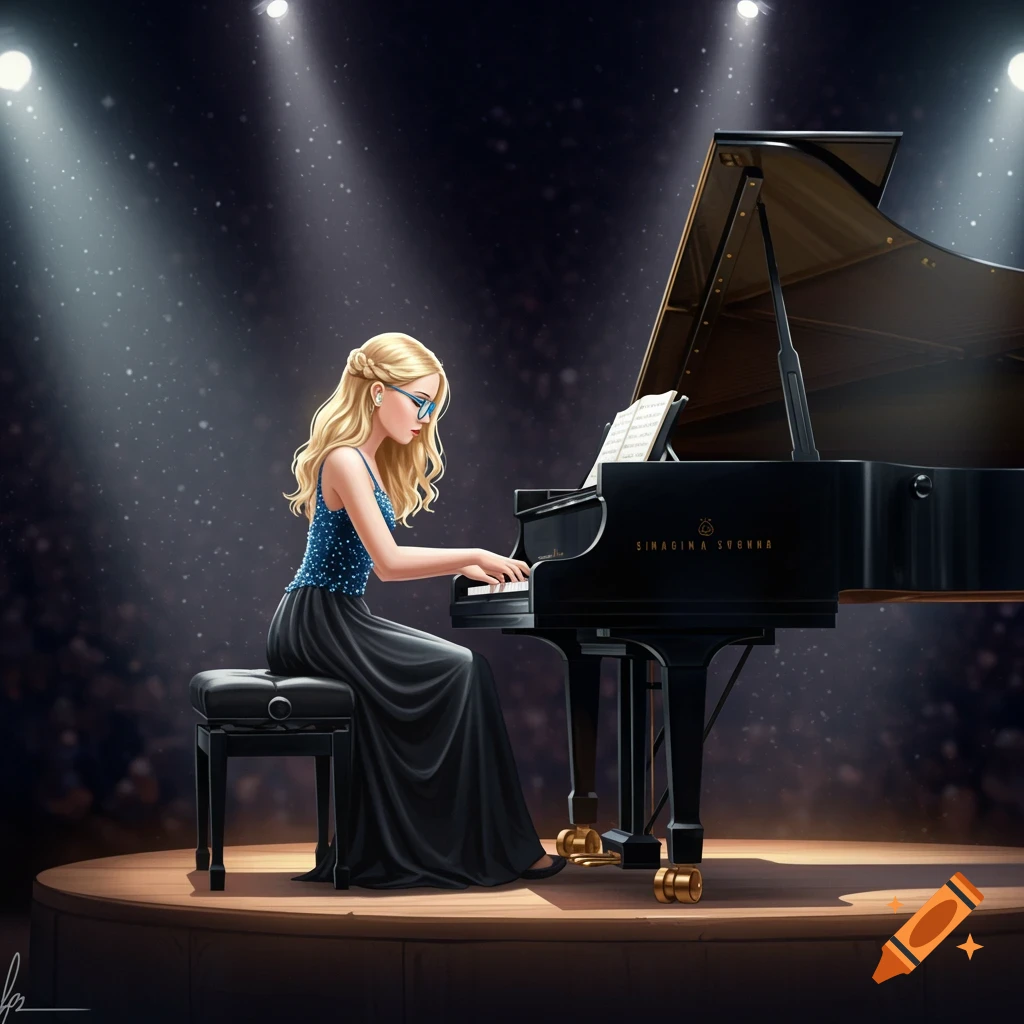 Blond girl in a blue top playing a grand piano on a stage under spotlights.