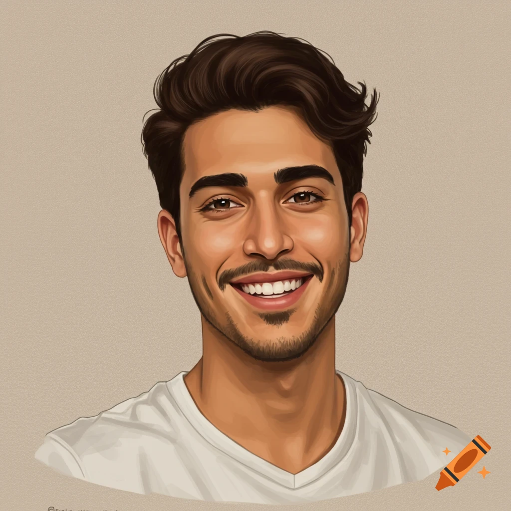 A young man is smiling. He has dark hair and a beard.
