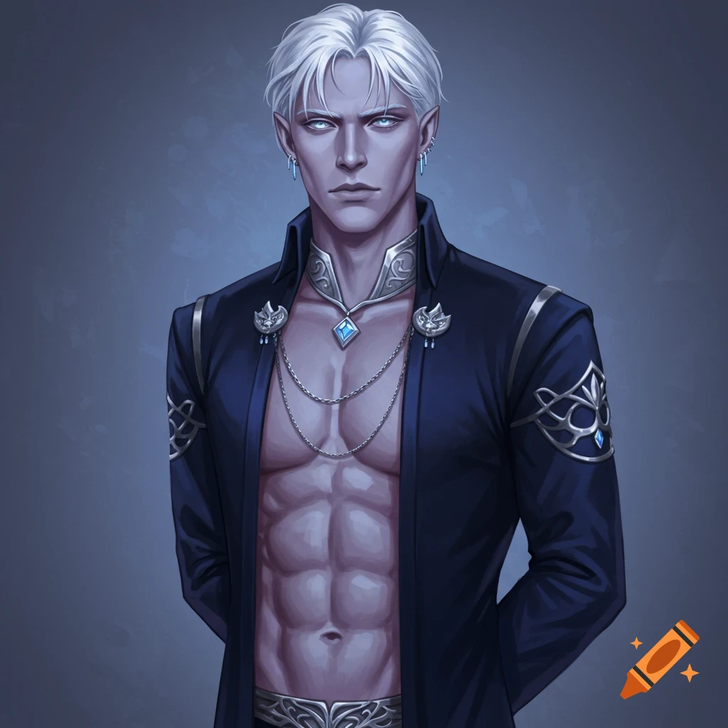 Image of a white-haired fantasy elf character with blue eyes and bare torso wearing a dark blue jacket and silver jewelry.