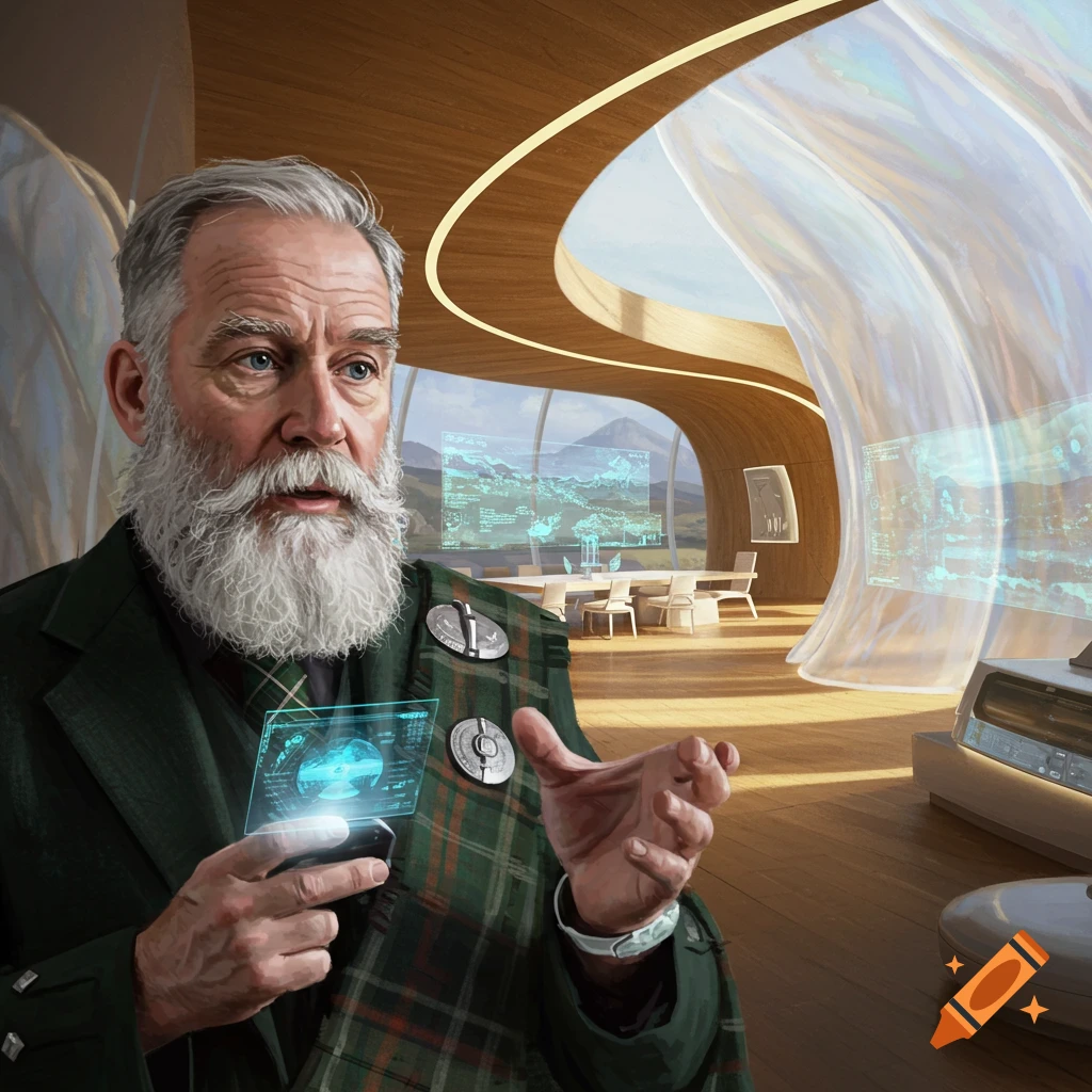 A Scottish man in a kilt holds a holographic device in a futuristic room. Digital art.