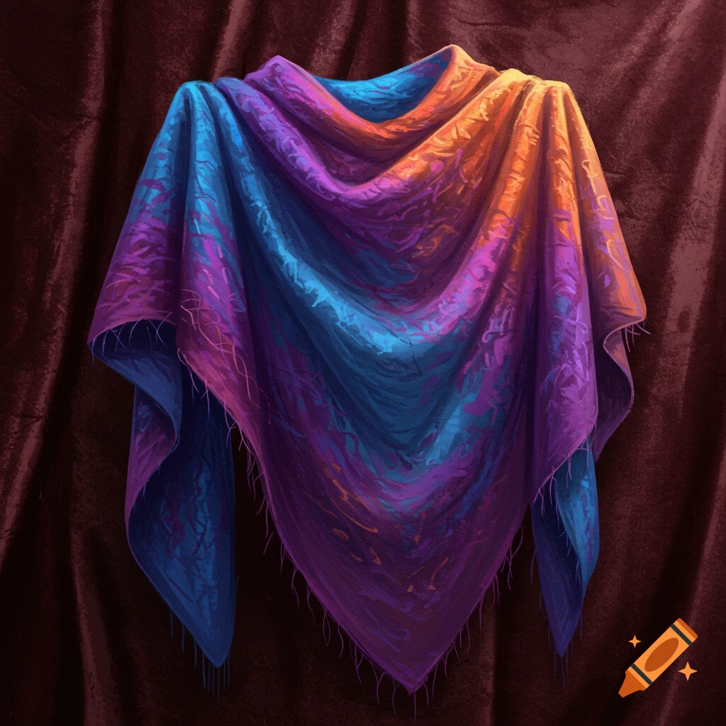 A vibrant, multi-colored shawl hangs against a dark background.
