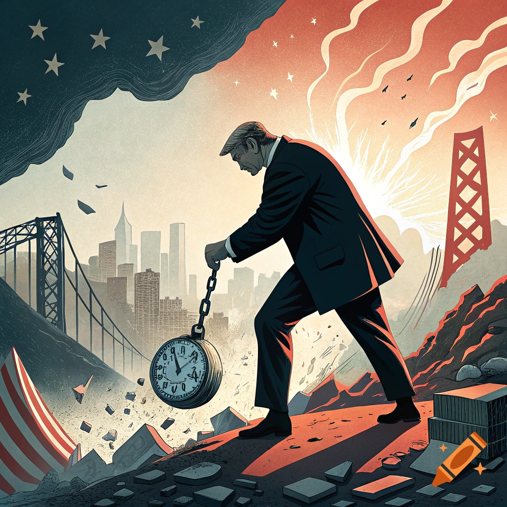 Illustration of a man in a suit dragging a large chained clock through a landscape of destruction with a city skyline in the background.