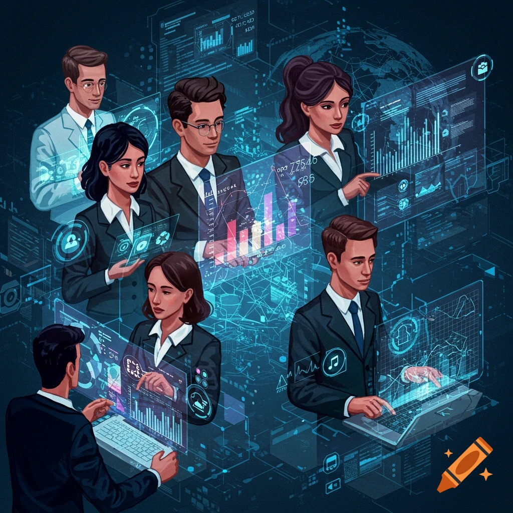 Business professionals interacting with holographic screens and data visualizations over a global network map.