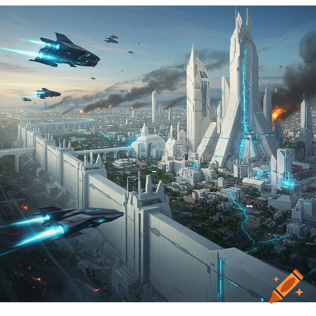 A futuristic walled city under attack by spaceships, with smoke rising and explosions.