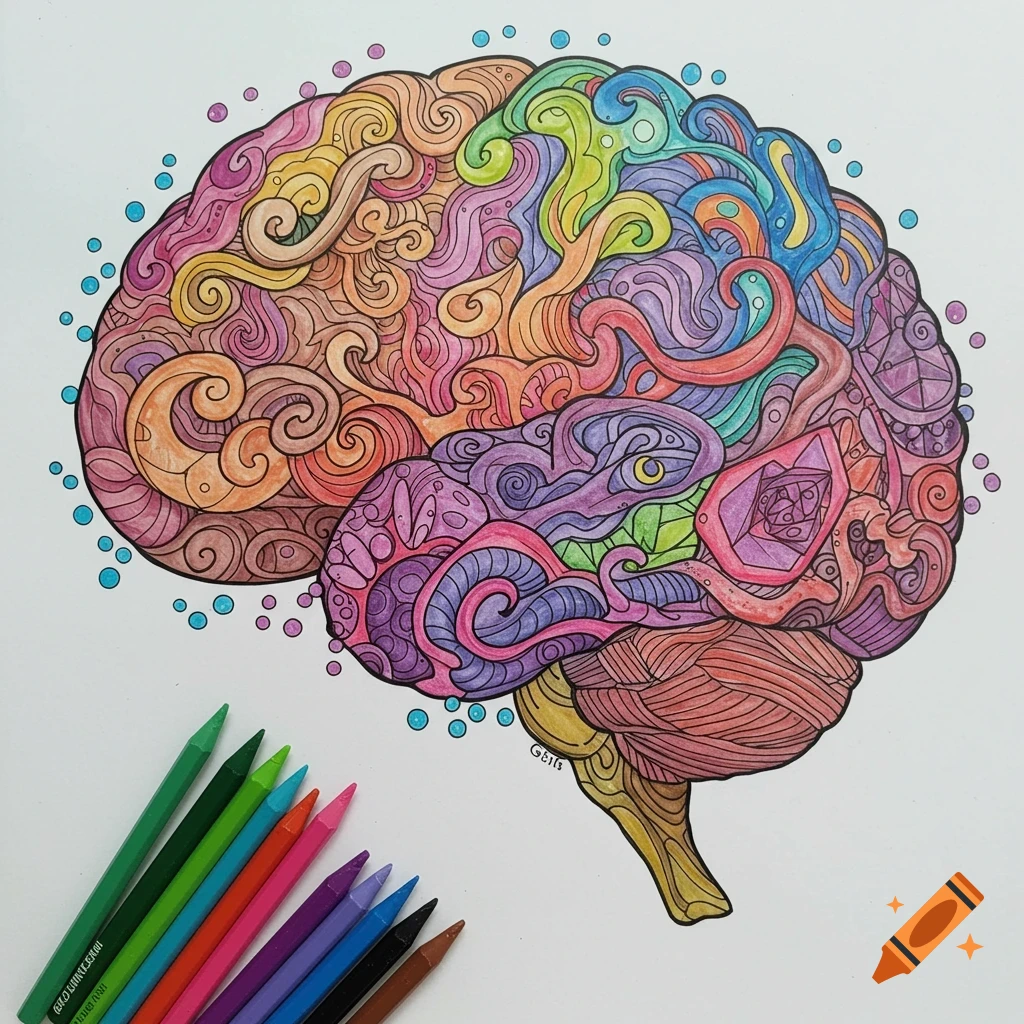A colorful, stylized illustration of a human brain with colored pencils in the foreground.