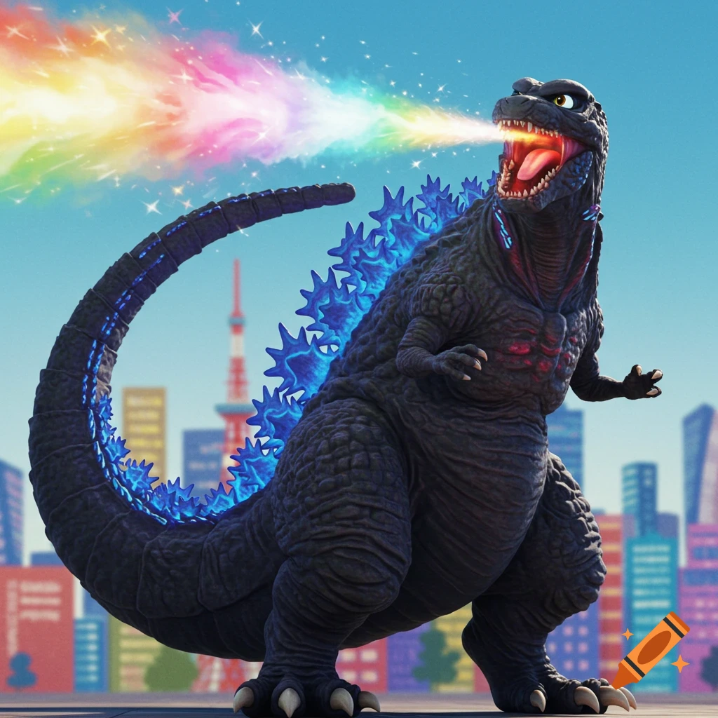A cartoonish Godzilla in Pixar style spits a rainbow beam over a colorful city skyline.