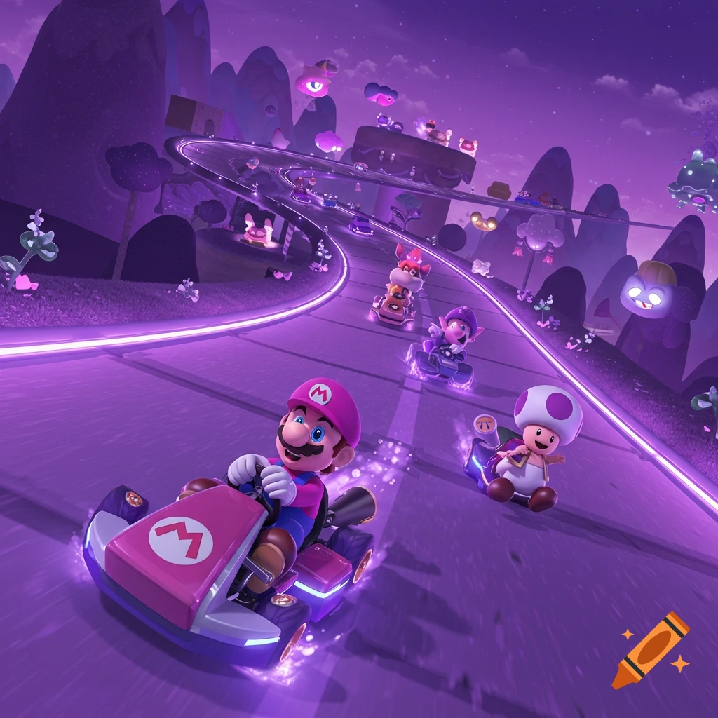 Mario, Toad, and other characters race karts down a glowing purple track in a fantasy landscape at dusk.