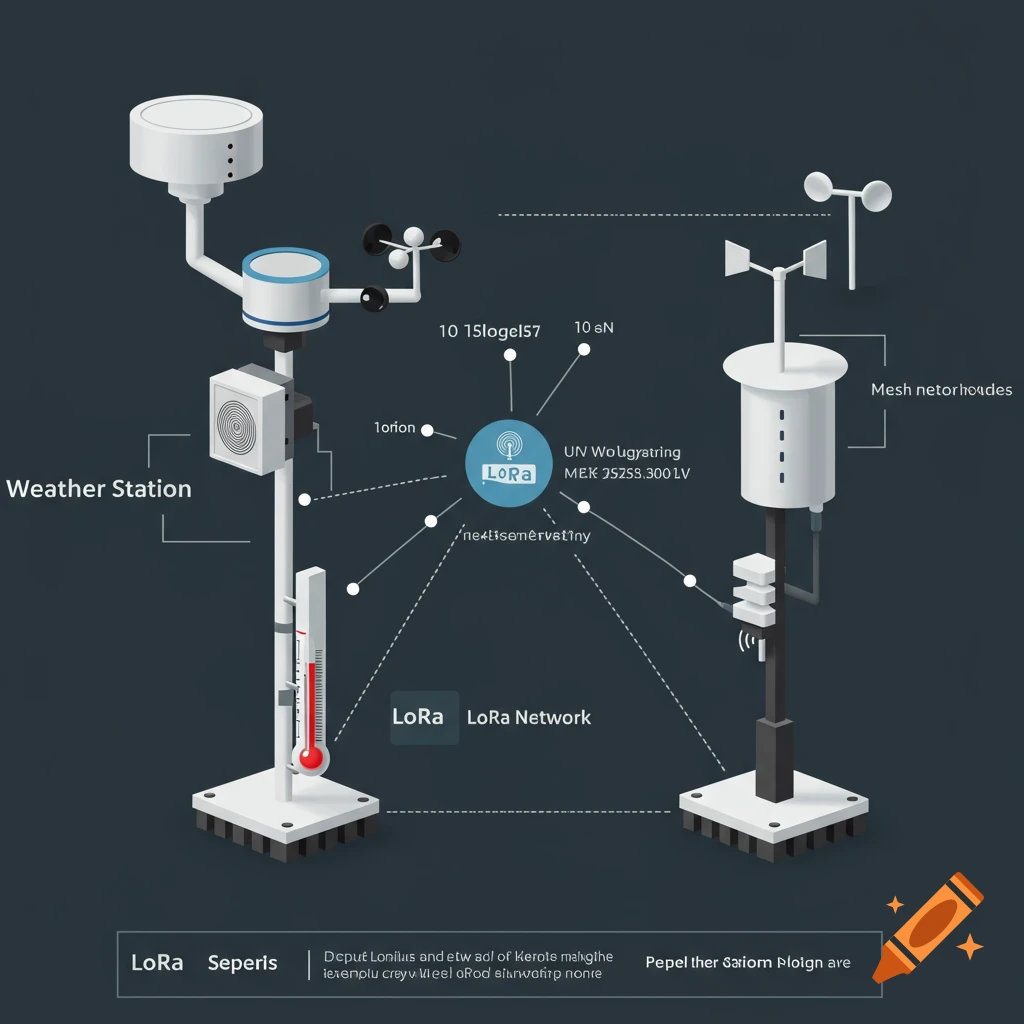 Illustration of a weather station connected to a LoRa network with diagrammatic labels.