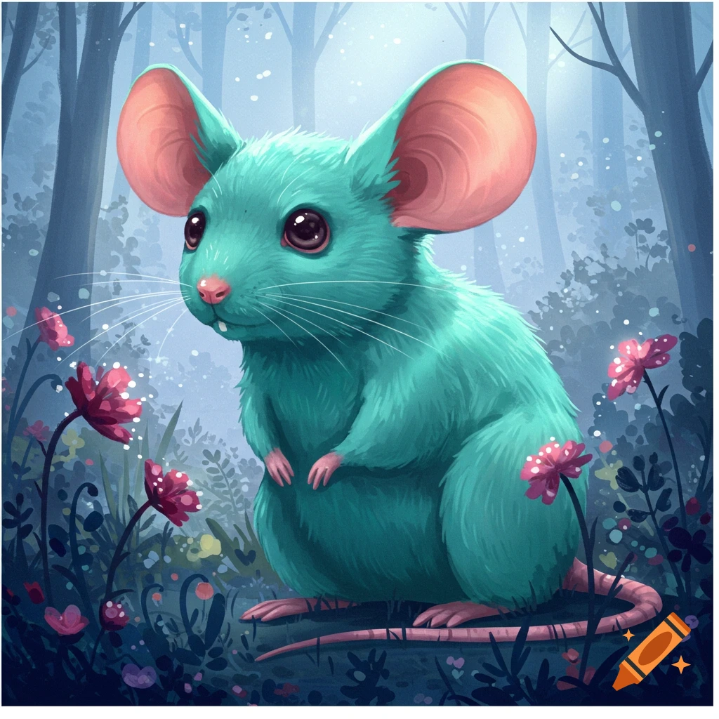 An illustration of a giant teal mouse sitting in a forest with glowing pink flowers.