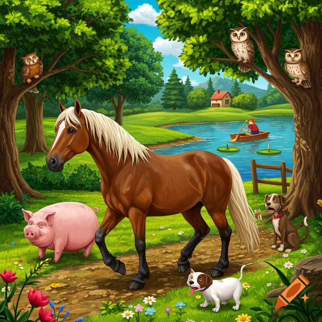 An illustration of a horse, pig, and dogs walking on a path in a nature landscape with owls in trees and a person in a boat on a lake.