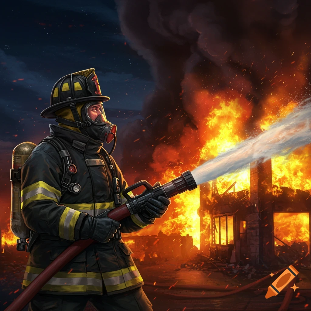 Illustrative image of a firefighter battling a large fire erupting from a building at night.
