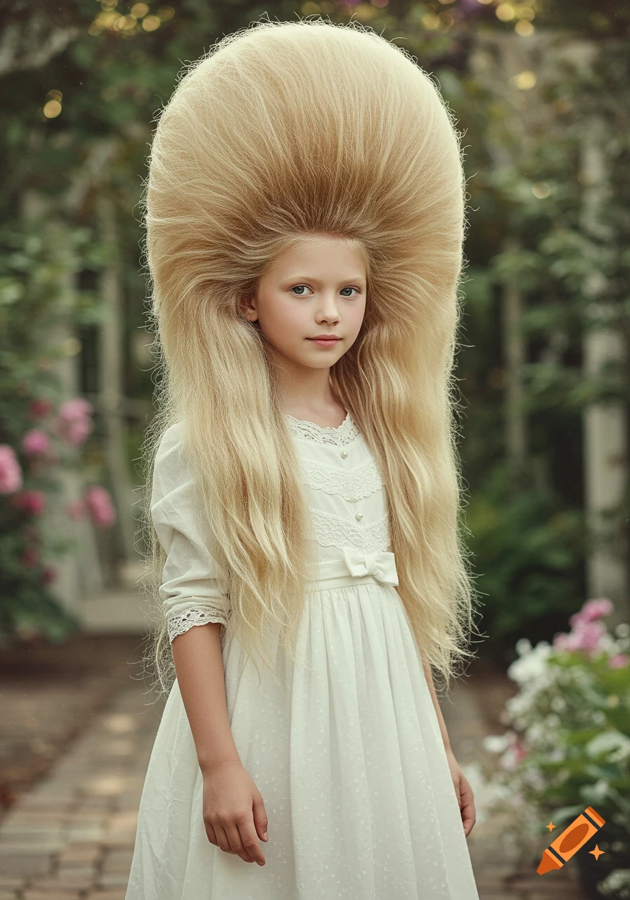 A young girl with extremely large blonde hair stands in a garden wearing a white dress.