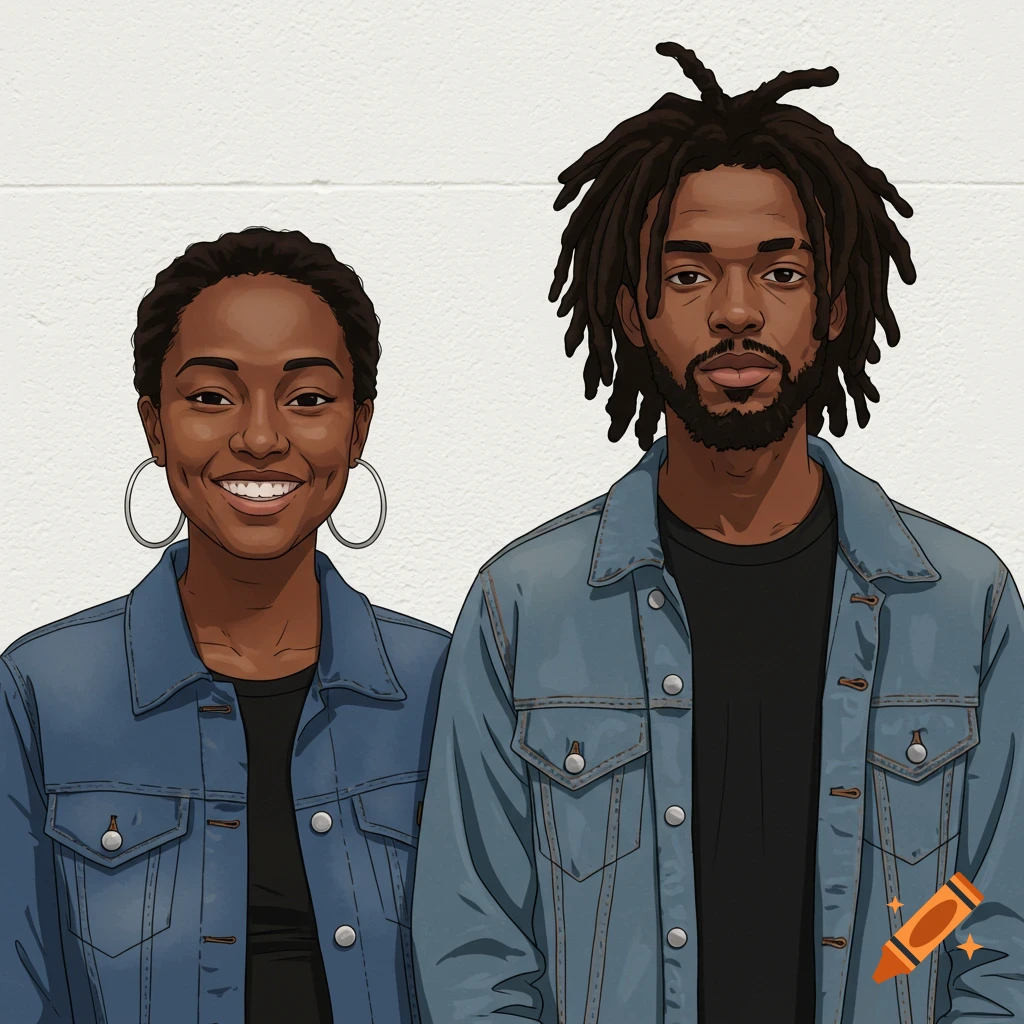 Cartoon portrait of a Black woman and man wearing jean jackets