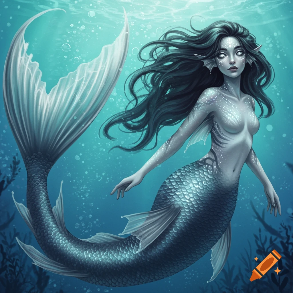 An illustration of a mermaid with dark hair and tail swimming underwater.