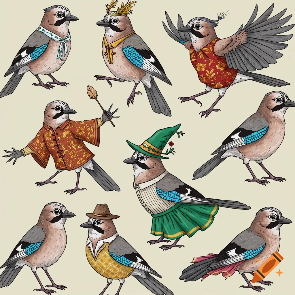 Collection of illustrations of jays dressed in various costumes.