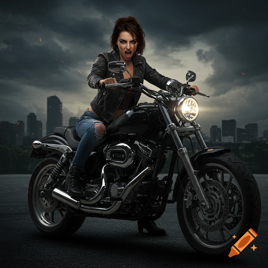 A woman in a leather jacket and ripped jeans sits on a motorcycle with a cityscape and stormy sky in the background.