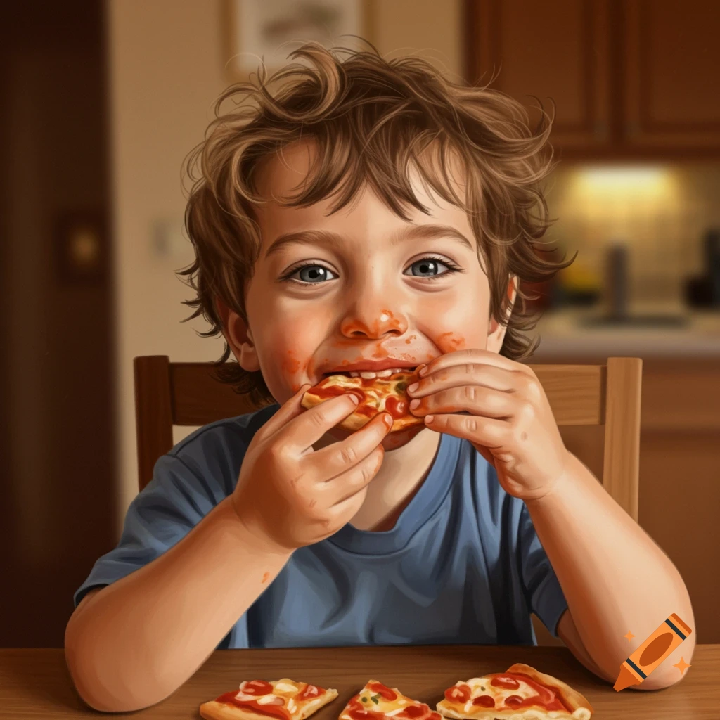 A young boy with a messy face excitedly eats a slice of pizza at a table.