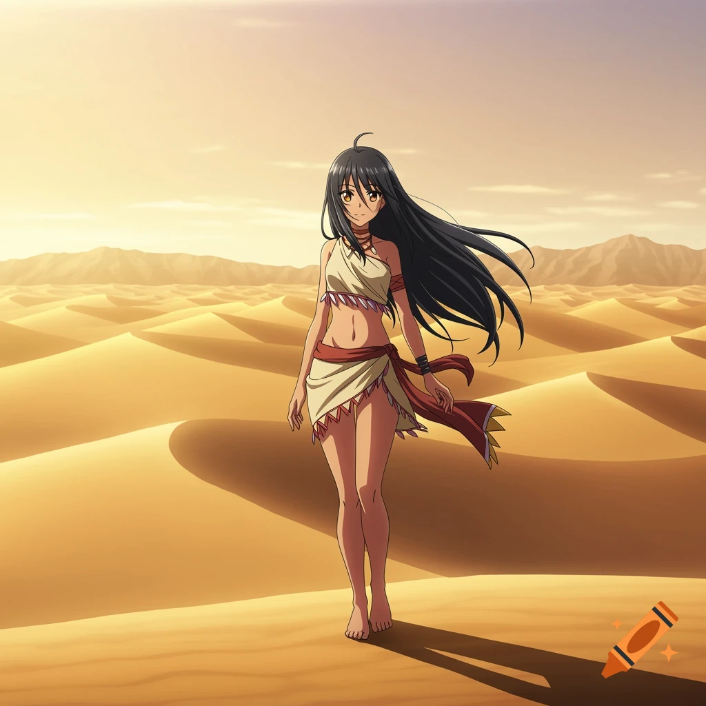 Anime girl in a desert wearing a loincloth and crop top