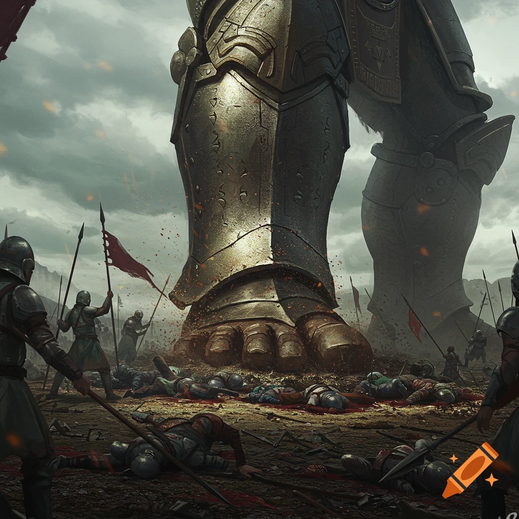 Massive armored giant steps on soldiers during a battle on a cloudy day.
