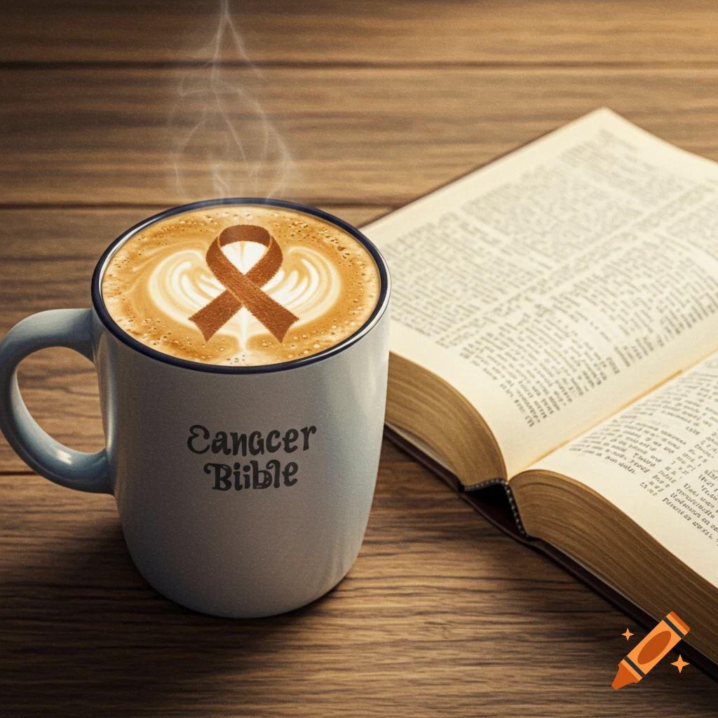 A mug of coffee with a brown ribbon latte art sits next to an open Bible on a wooden table.