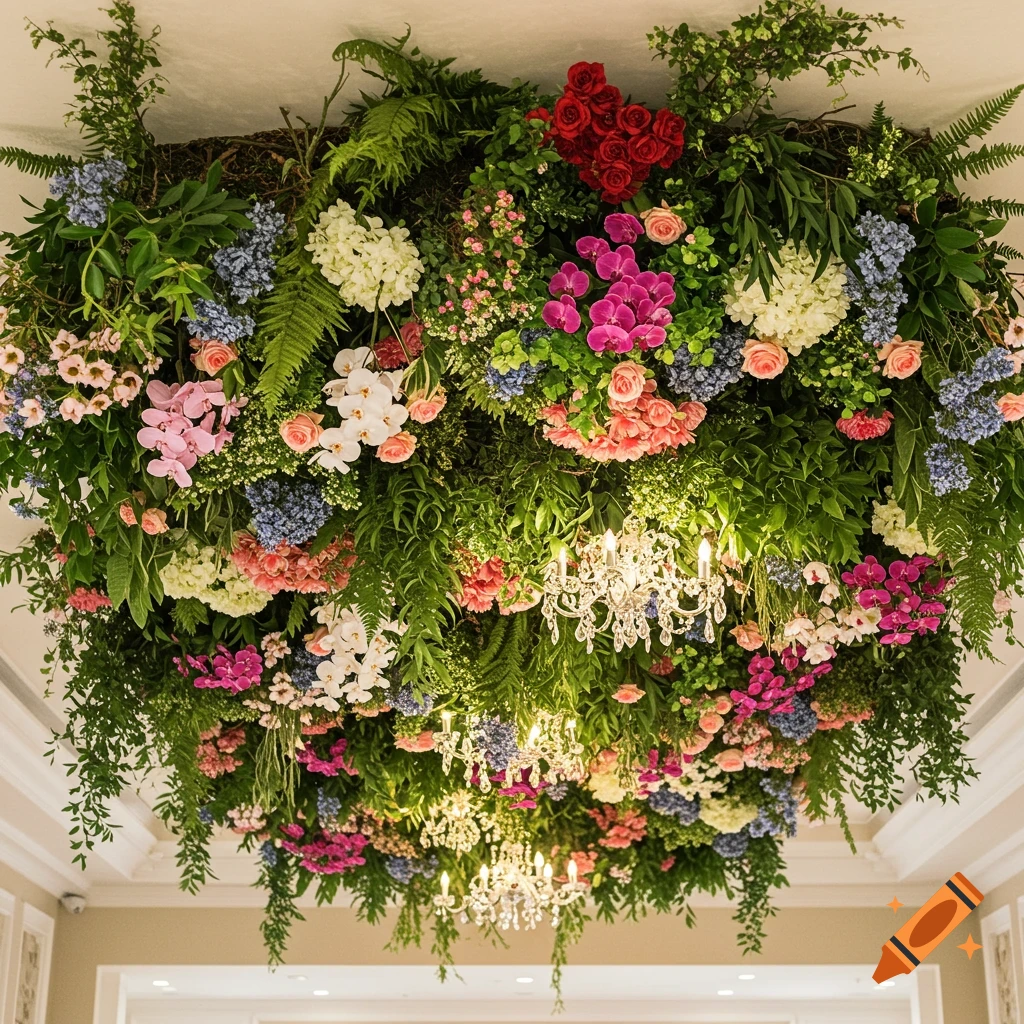 A large, vibrant floral and greenery installation hangs from a ceiling with chandeliers.