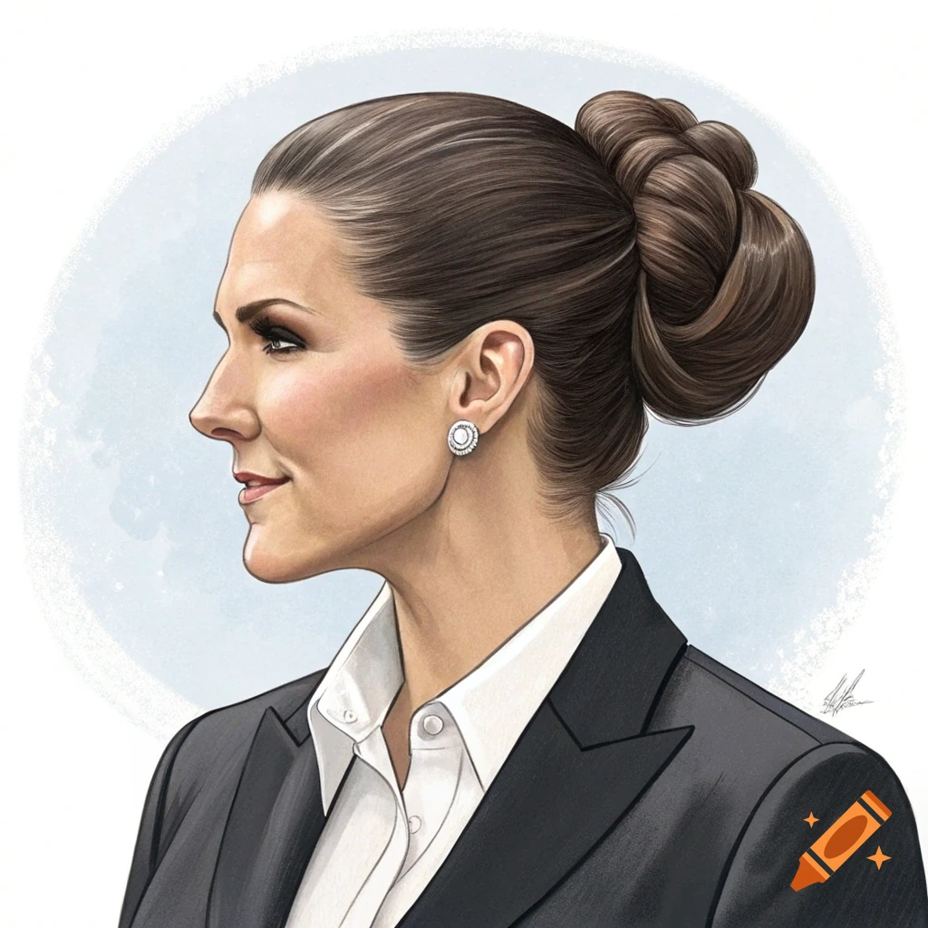 Illustration of a woman in a suit with a large bun looking left in profile.
