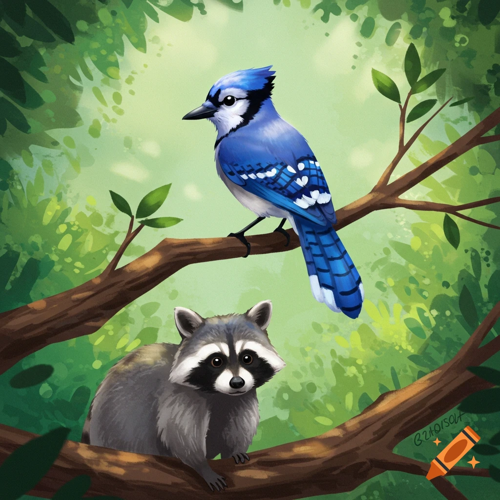 Watercolor pencil drawing of a raccoon and rabbit in a clearing on Craiyon