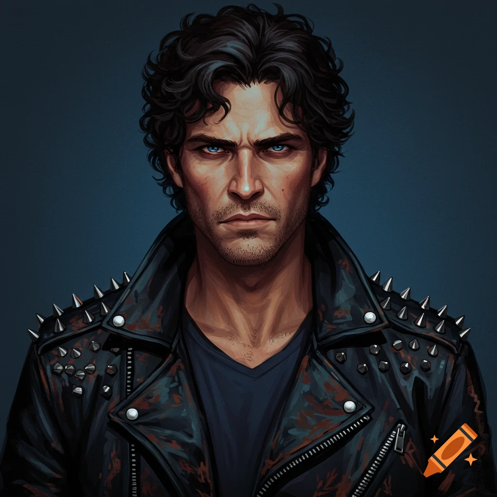 Digital art portrait of a man with curly hair and blue eyes wearing a studded black leather jacket.