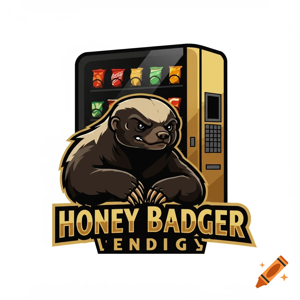 A honey badger mascot stands in front of a vending machine with the name 'HONEY BADGER L'ENDIGY' below.